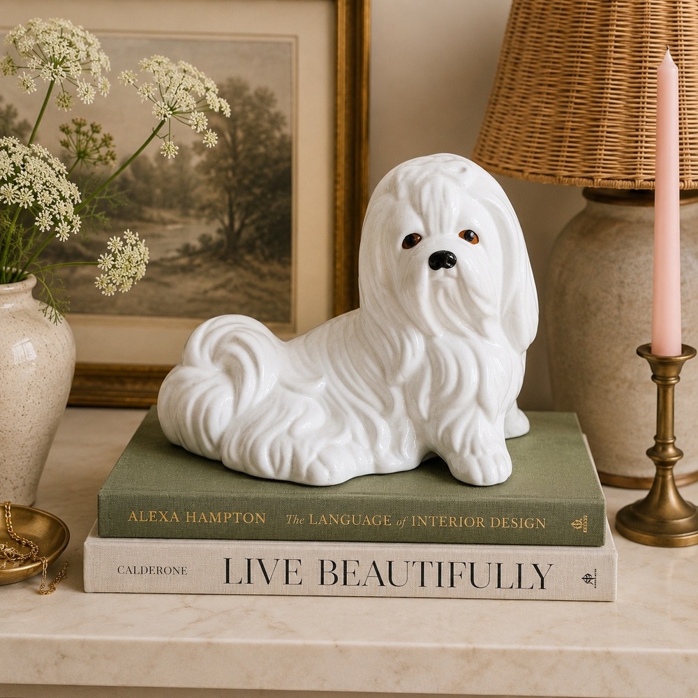 Vintage White‎ Maltese Dog Figurine Ceramic Shelf Decor Grandmillennial